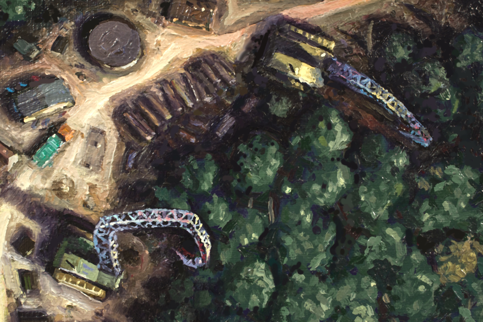 A dense forest penetrated in 3 areas (red, yellow and blue) by excavators, storage tanks, buildings. Detail