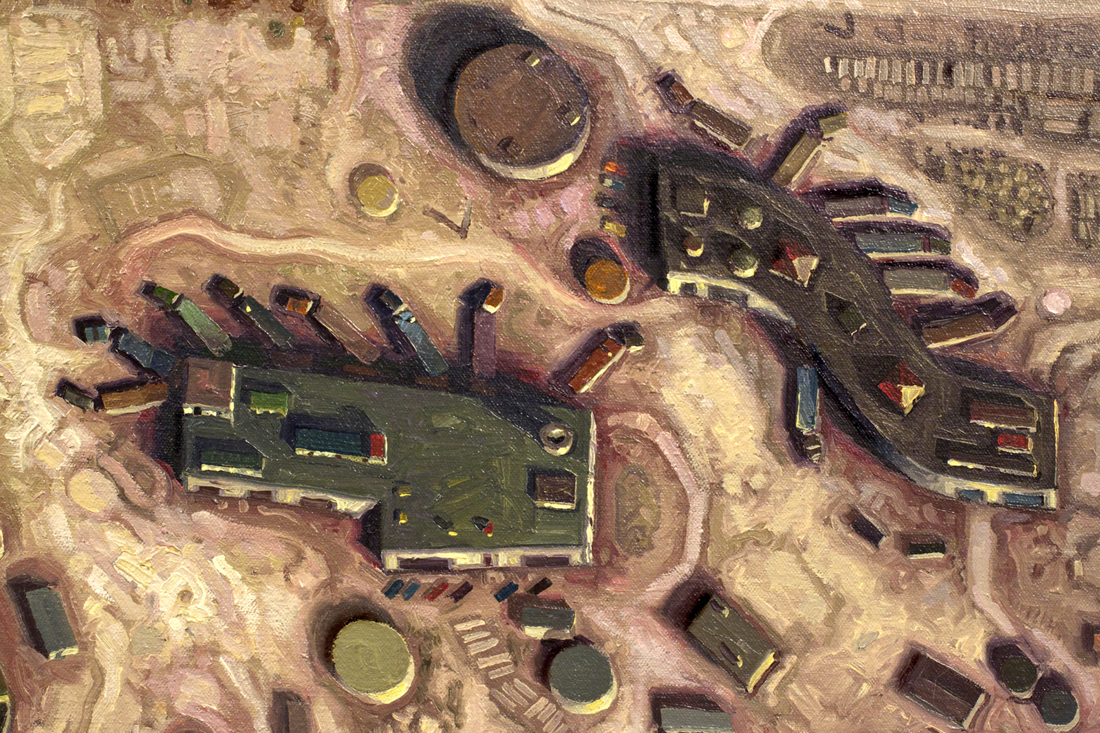 Aerial view of a factory envisioned as a bacterium.