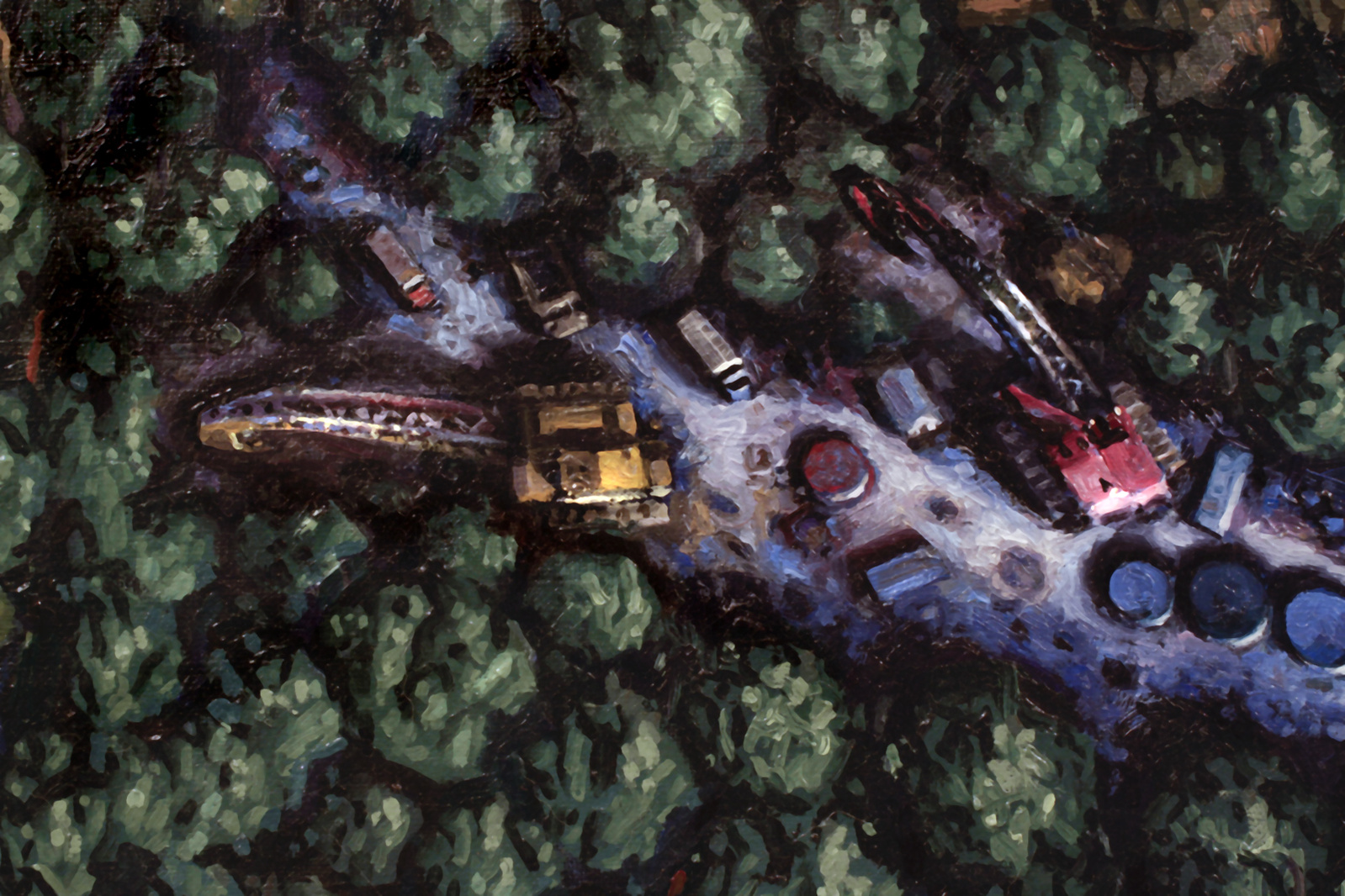 A dense forest penetrated in 3 areas (red, yellow and blue) by excavators, storage tanks, buildings.