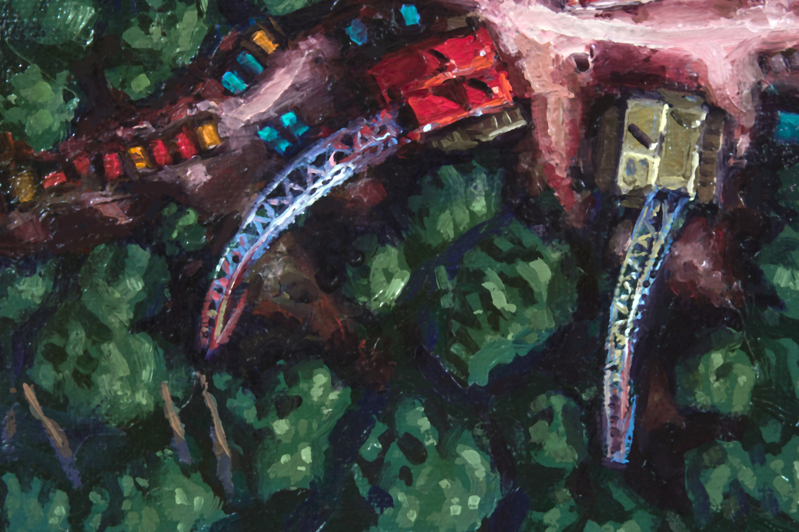 A dense forest penetrated in 3 areas (red, yellow and blue) by excavators, storage tanks, buildings.