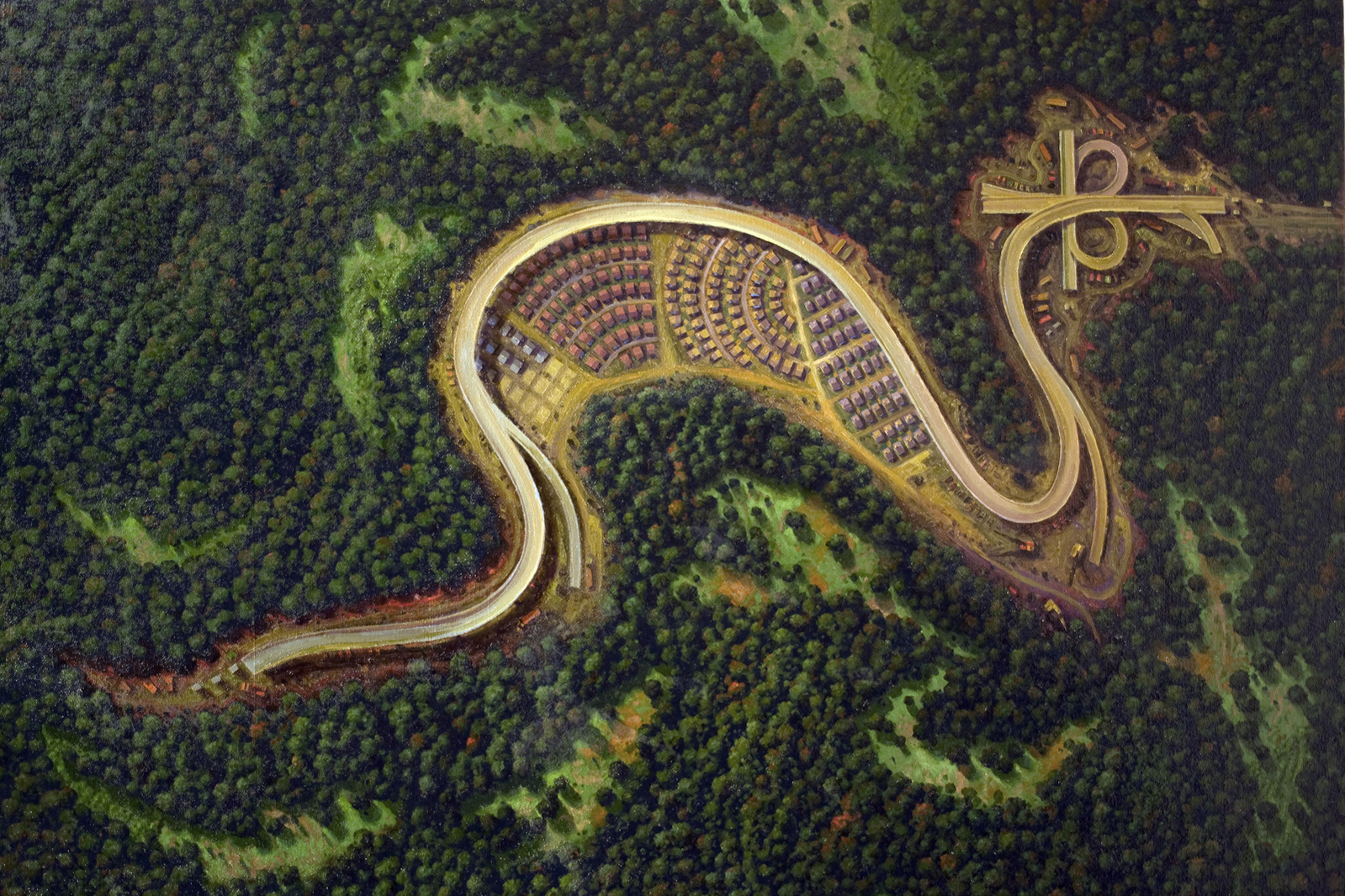 Aerial view of a tract house development imagined as a parasitic infestation.