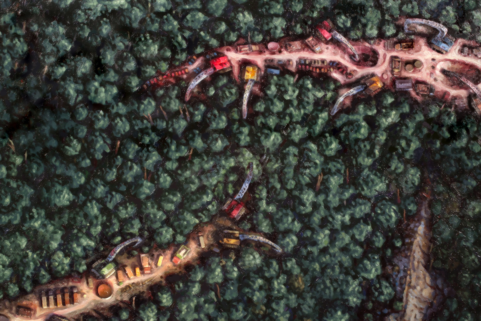 A dense forest penetrated in 3 areas (red, yellow and blue) by excavators, storage tanks, buildings.