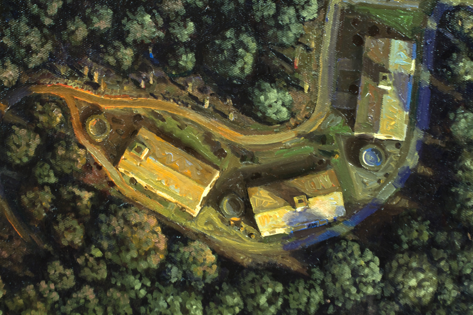 Aerial view of a tract house development as a snake-like form invading the woods, close-up view