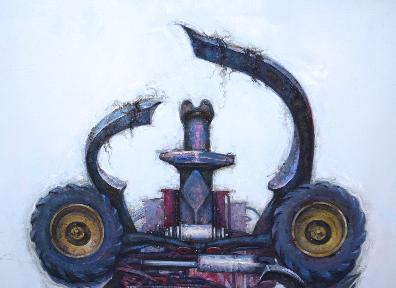 Monstrous machine used to grab and sever large tree trunks, raising its "claws" to the sky. In a small, glass booth the diminutive driver is at the controls. Detail of "claws".