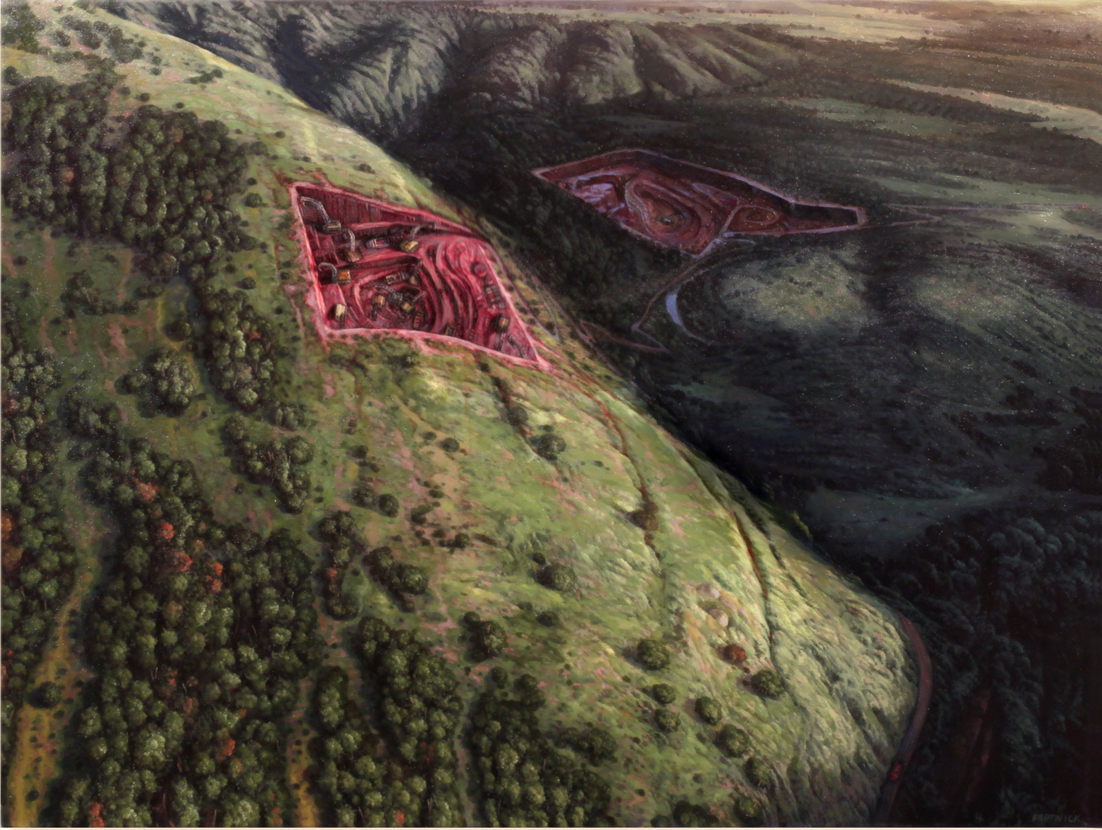 Aerial view of a flesh-colored quarry on hillside, and another in the distance
