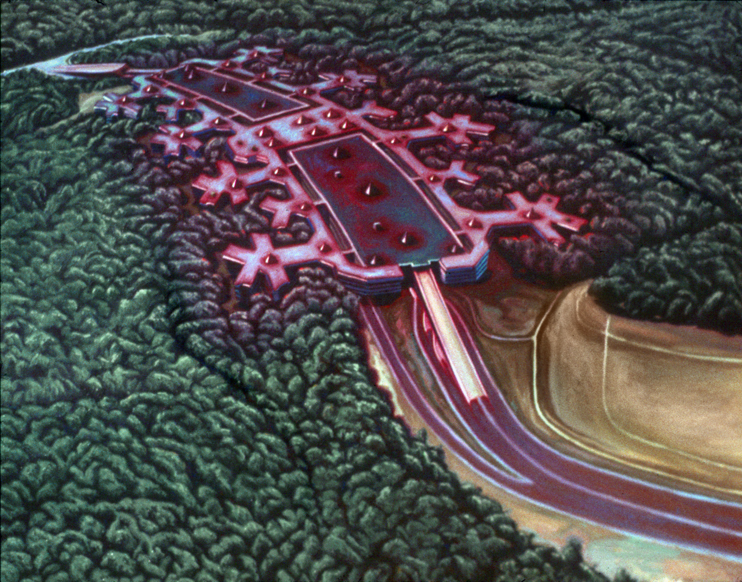 Aerial view of the Union Carbide Plant as an invasive creature