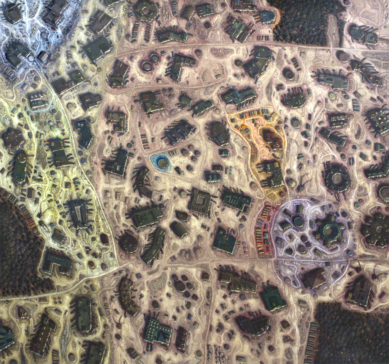 Aerial view of an industrial park with factorials imagined as bacteria