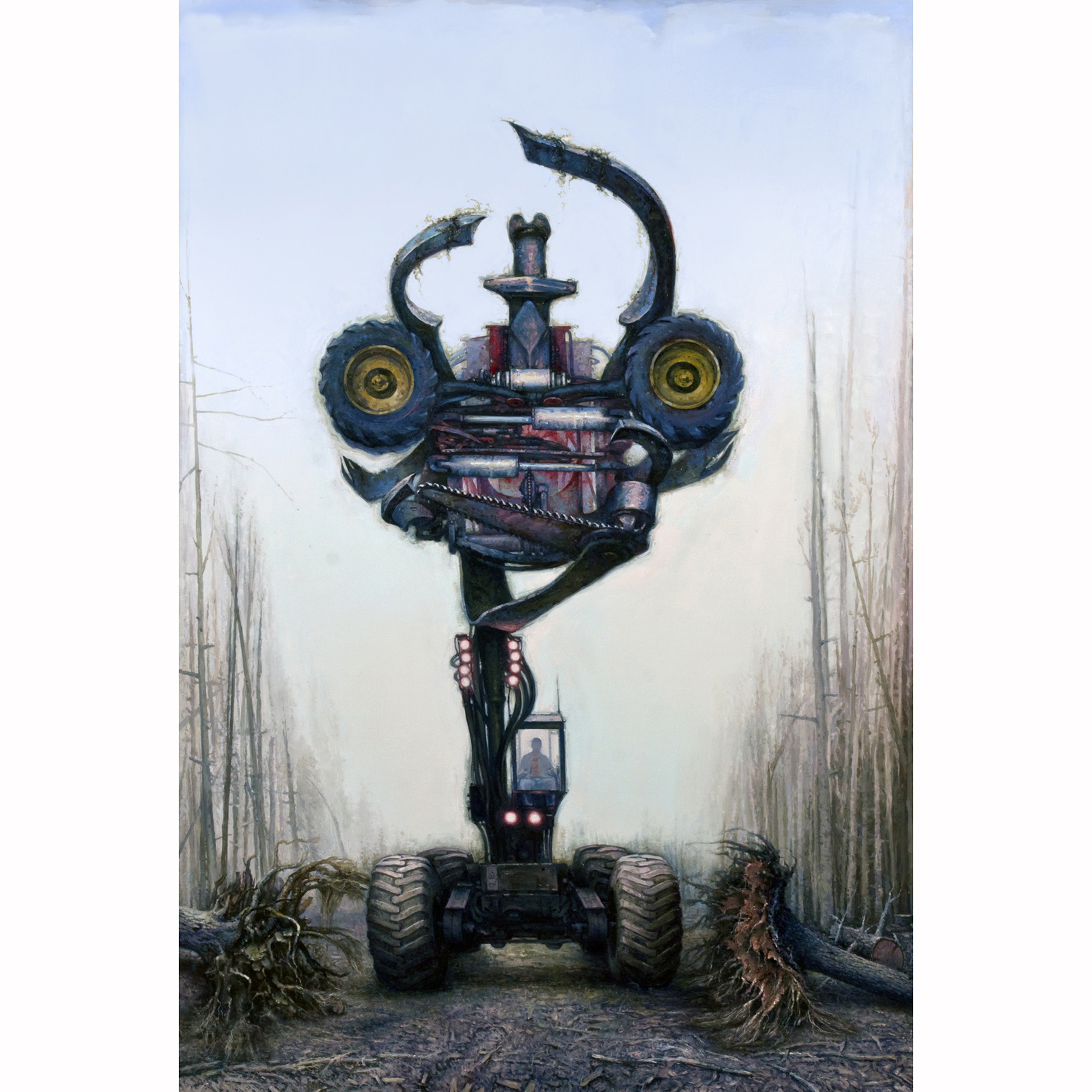 Monstrous machine used to grab and sever large tree trunks, raising its "claws" to the sky. In a small, glass booth the diminutive driver is at the controls.