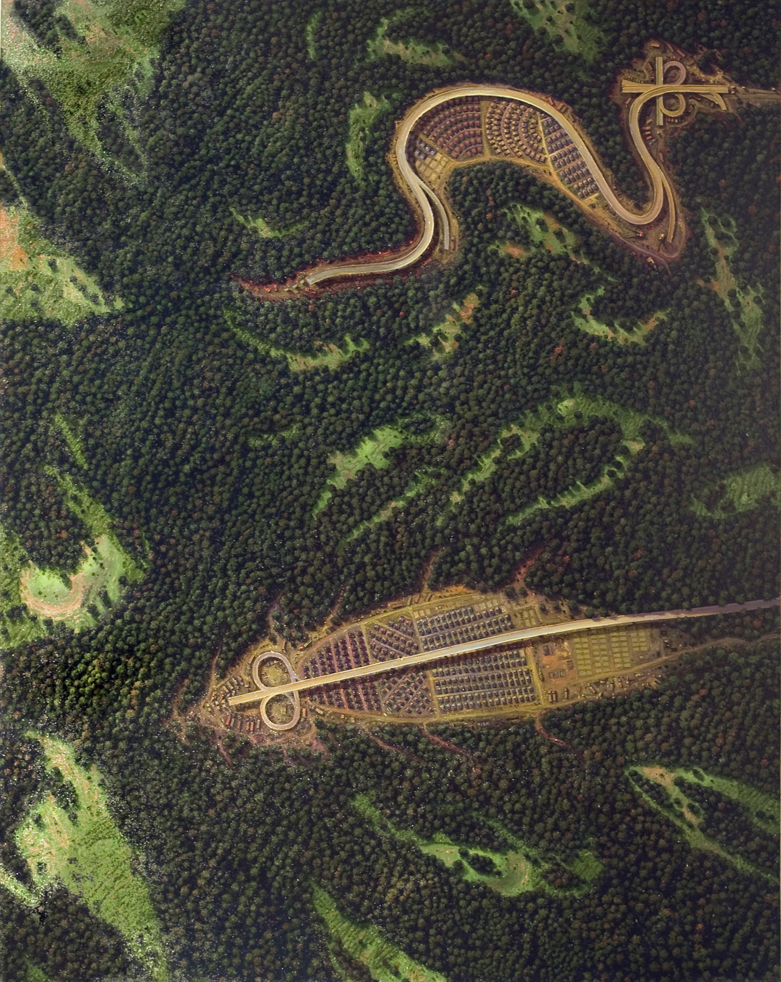 A dense forest with several clearings, into which 2 tract house developments with access roads, imagined as parasitic infestations, are being constructed.