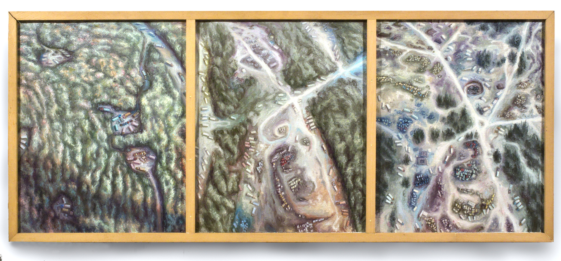 A 3-panel painting, oil on prepared paper mounted to board, showing a forest landscape in 3 stages of deterioration due to human incursion.