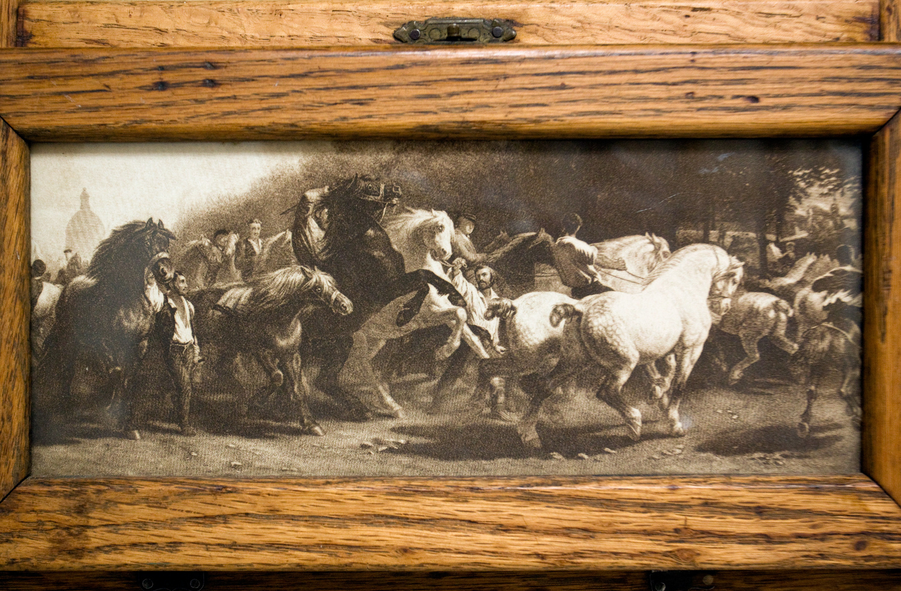 "Equine Shrine", lower compartment door with sepia reproduction of Rosa Bonheur's "The Horse Fair".
