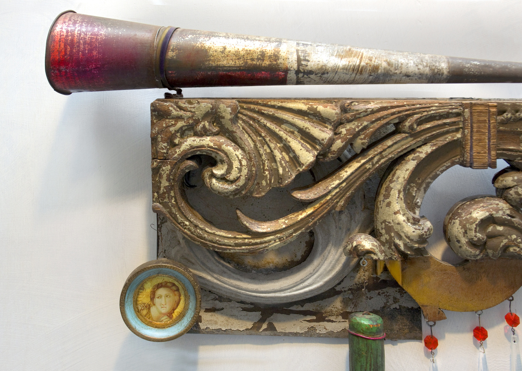 Wall assemblage evoking history, conquest and conflict. Detail