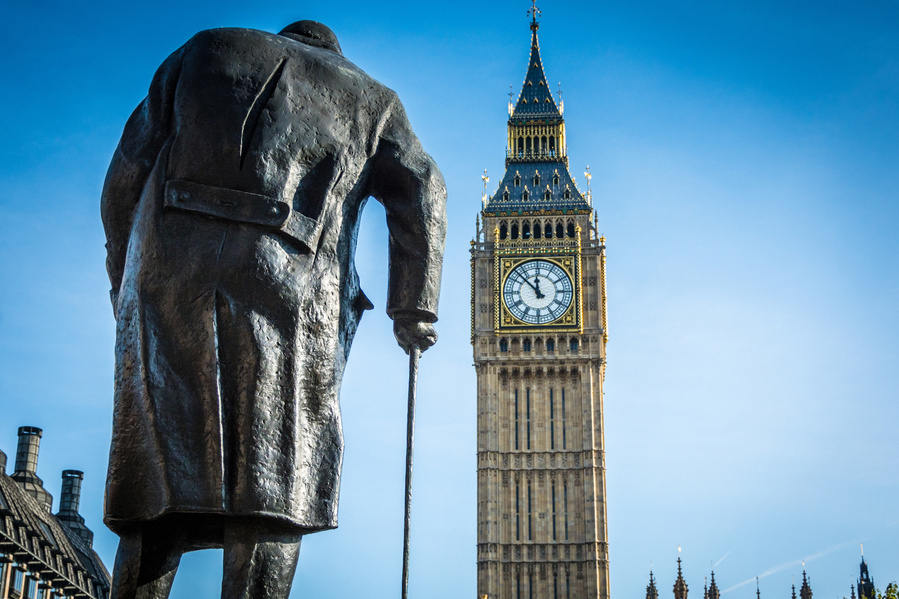 Bronze statue of Winston Churchill in Parliament Square, London, England, UK