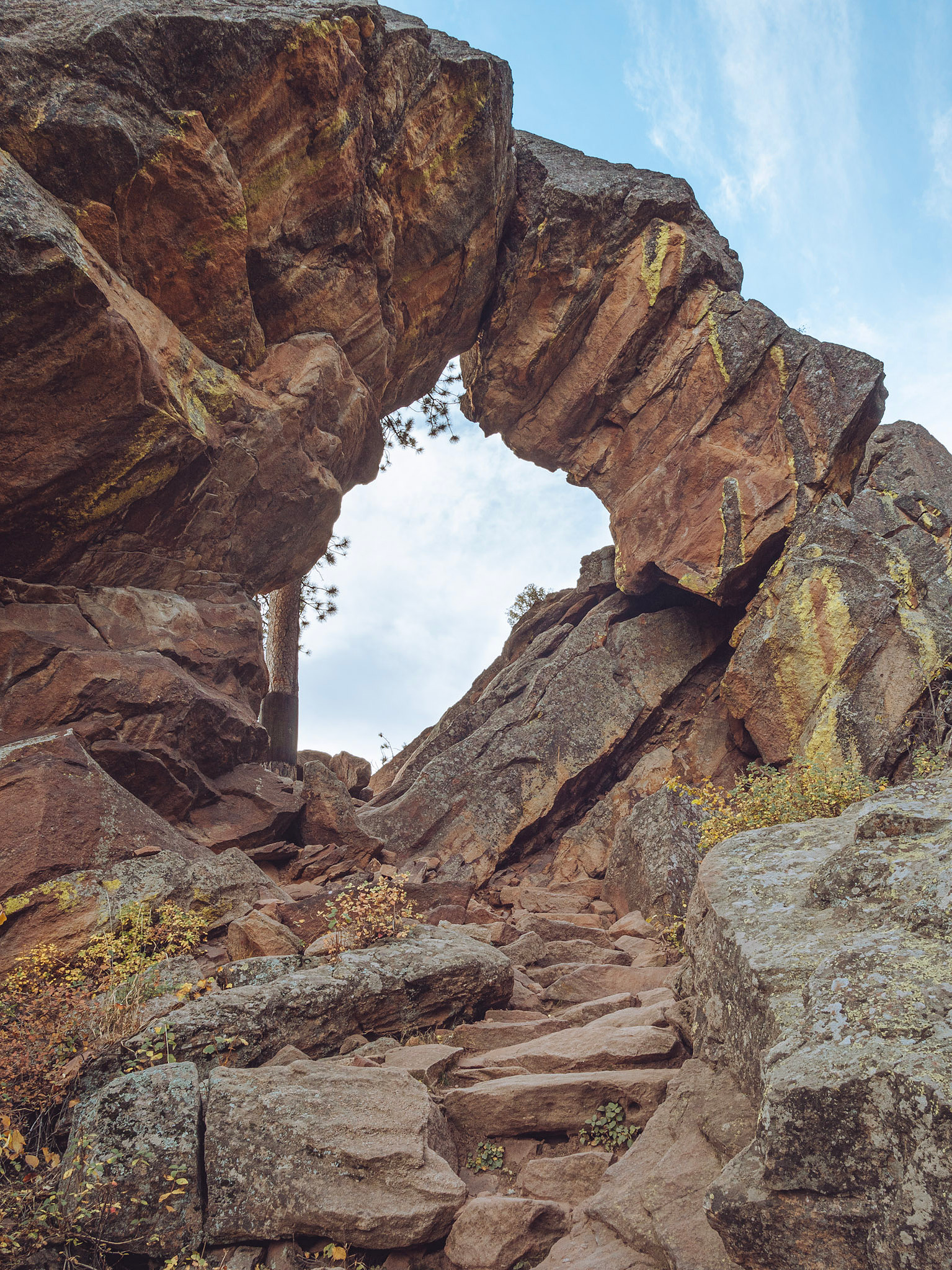 Looking up at the royal arch in Boulder, Colorado as it comes into view