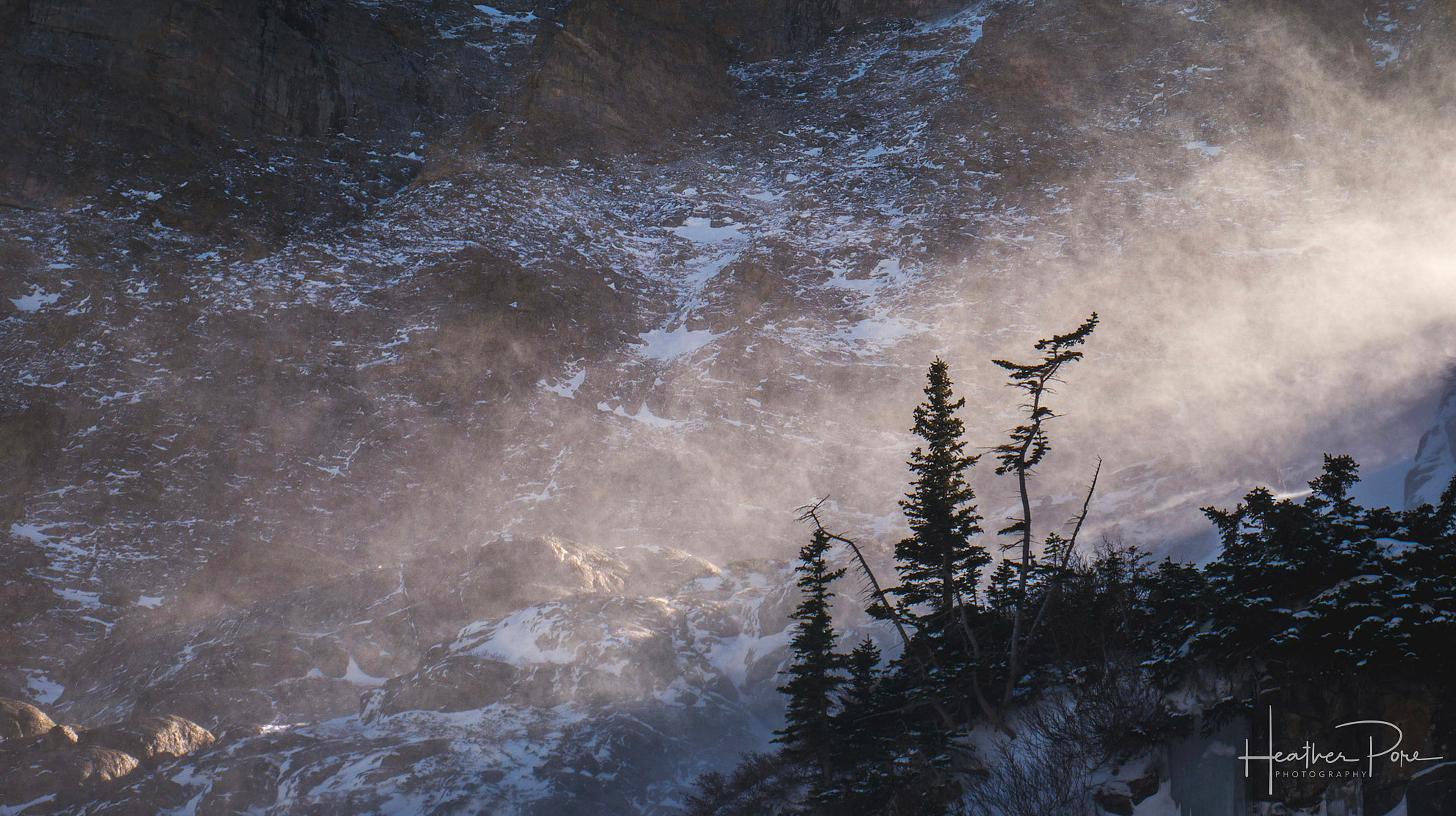 sunlight highlighting blowing snow with a mountainside in the background and silhouette of trees in the foreground, unplanned spontaneous photography