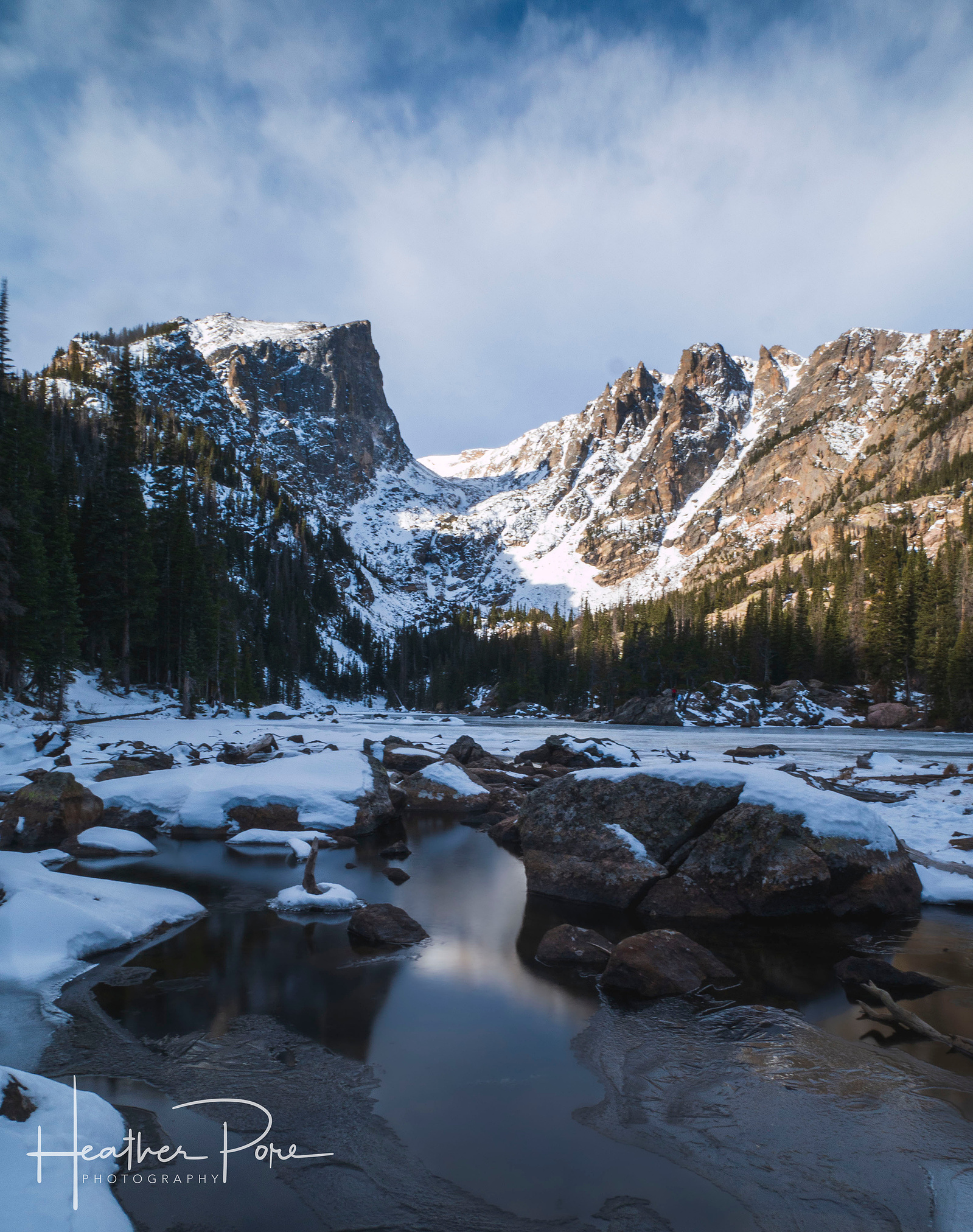 landscape photograph of Hallett Peak and Flattop Mountain reflecting in Dream Lake in Rocky Mountain National Park