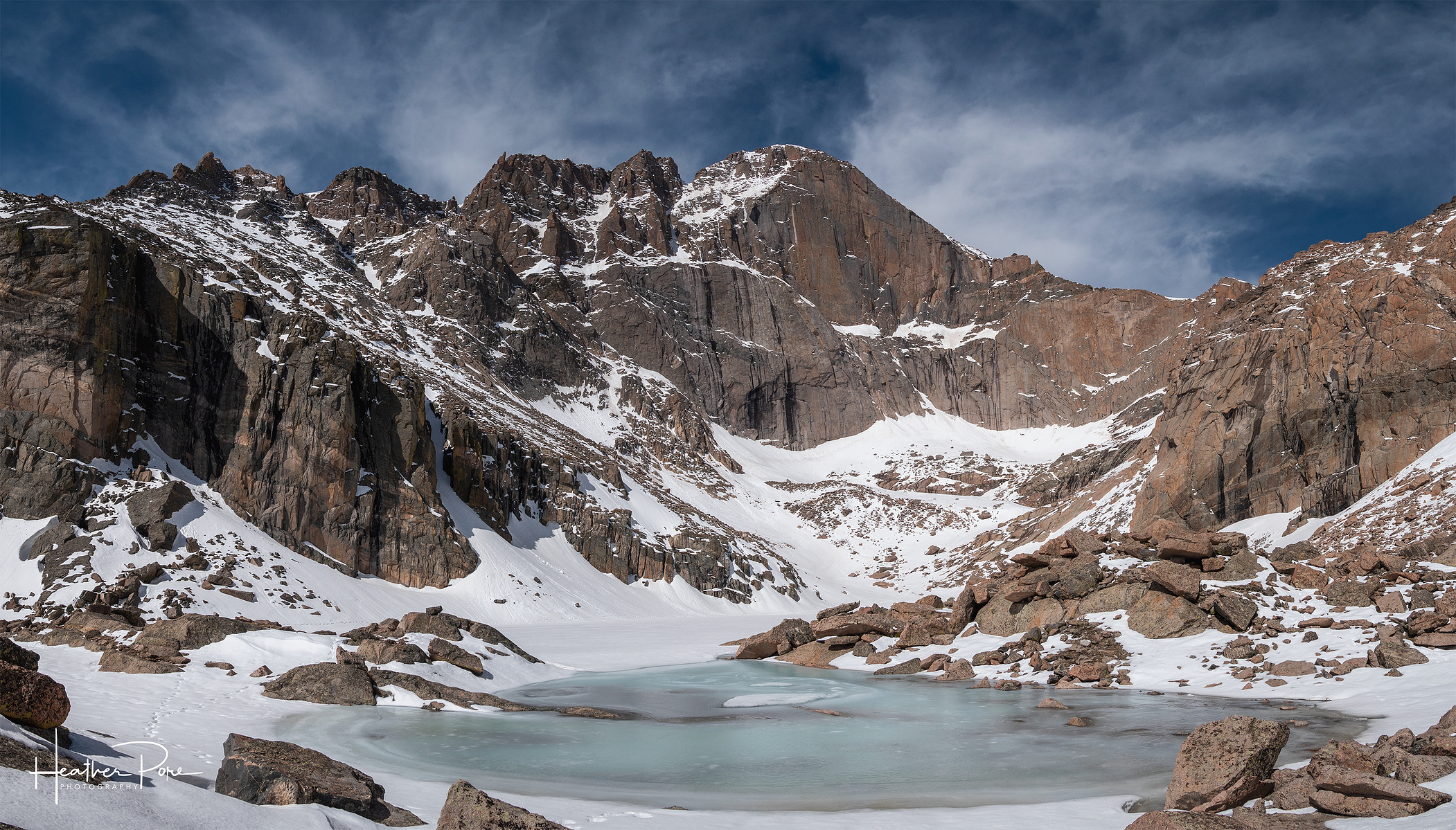 Chasm lake and long peak and the diamond on a beautiful spring day in rocky mountain national park