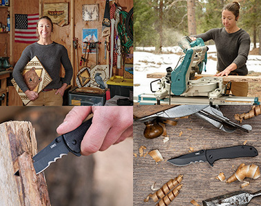 Composite of four images that introduce the artist, show what she does, shows her using a knife in her work, and then showcases the knife. This is excellent lifestyle product marketing, and appeals to customers who want part of that lifestyle. 