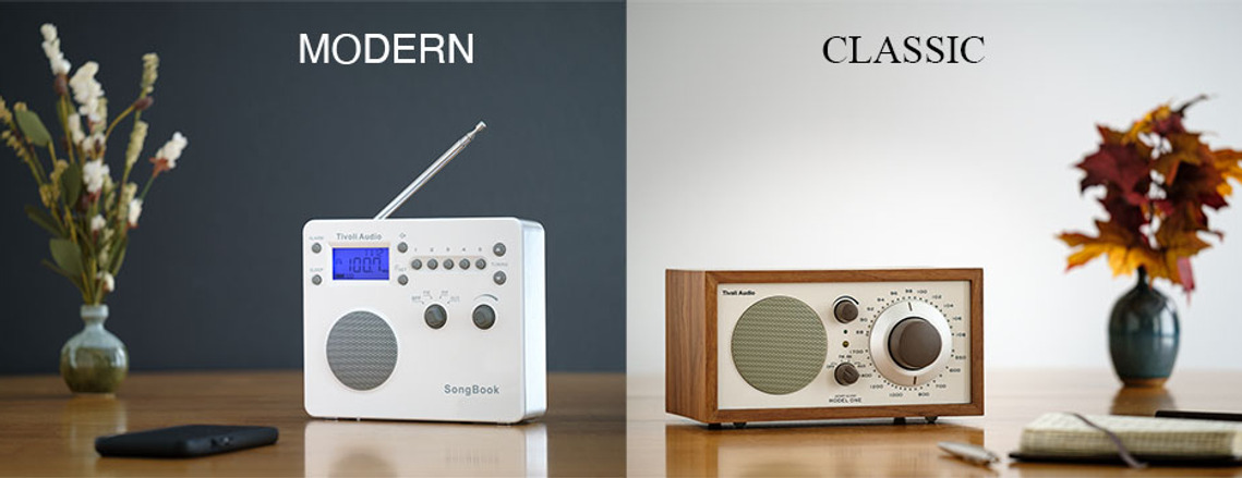Panoramic image of two radios. One is white, on black background, and modern looking. The other is wooden, on white background, and classic looking. Both are on desks, with typical desk items.