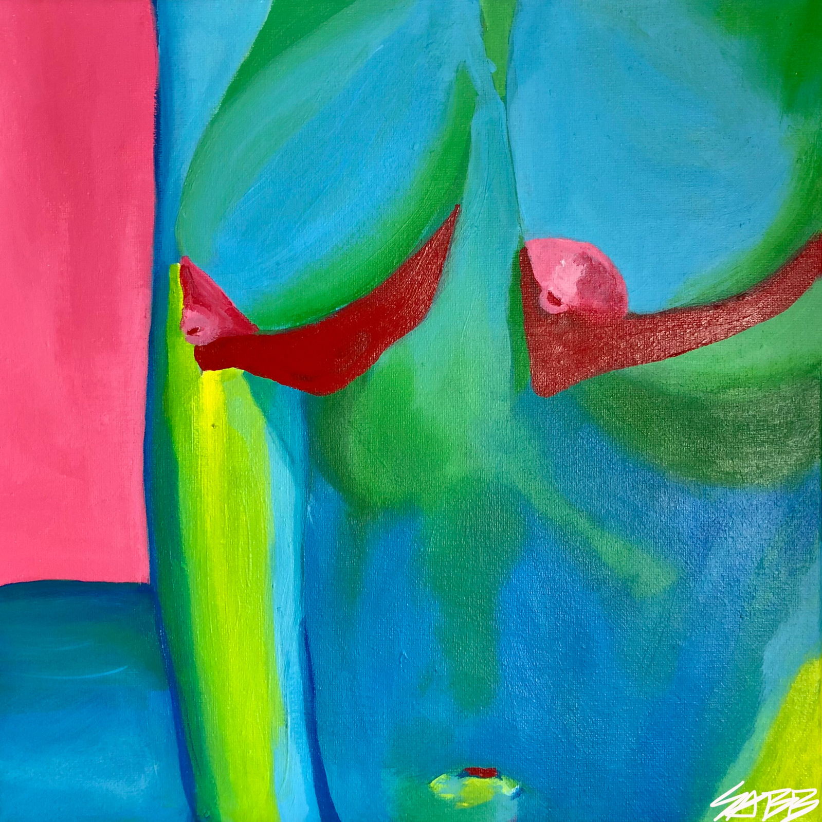 12" X 12"
Sabrina Borrero Baez © 2022
Acrylic Paint on Canvas
This piece is a of part of a limited self love series, exploring arousal through color theory.