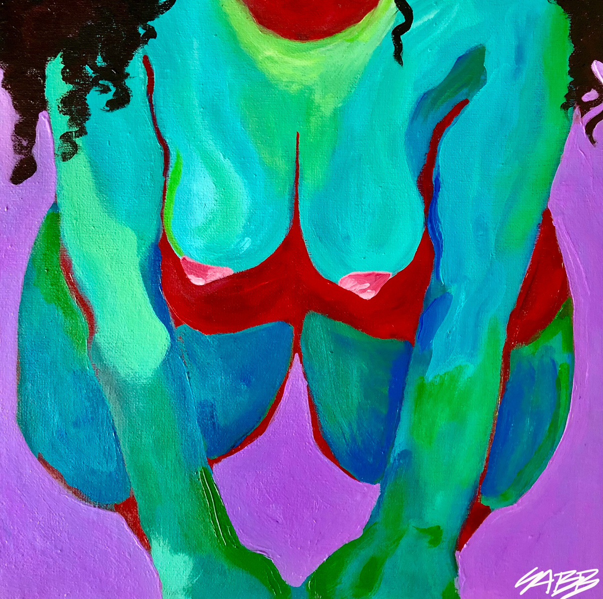 12" X 12"
Sabrina Borrero Baez © 2022
Acrylic Paint on Canvas
This piece is a of part of a limited self love series, exploring arousal through color theory.
