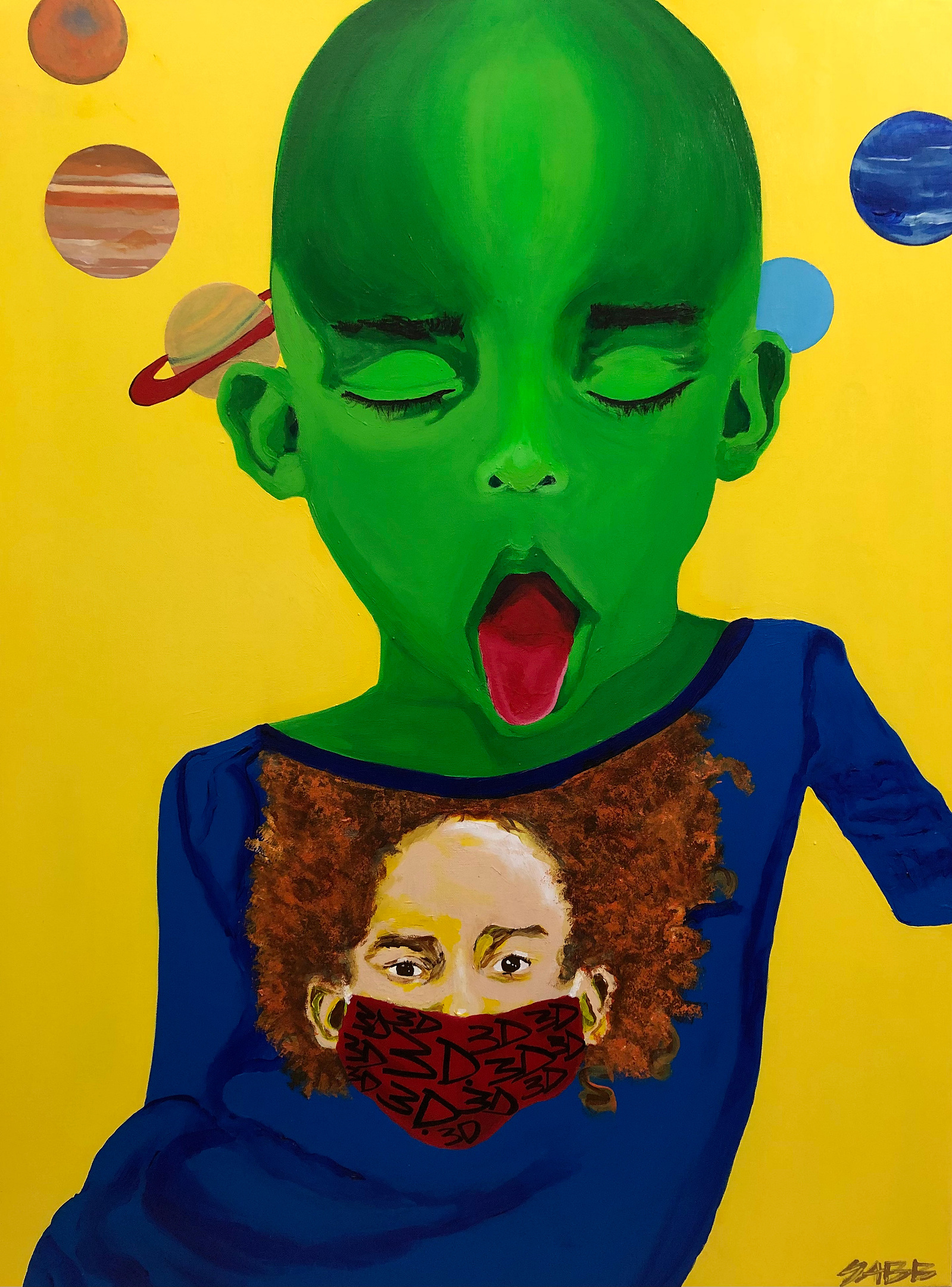 3D depicts my youngest nephew and his humorous nature when faced with the silencing of COVID "safe" masks. His highest self mocks the third dimension and sits fully in his power.