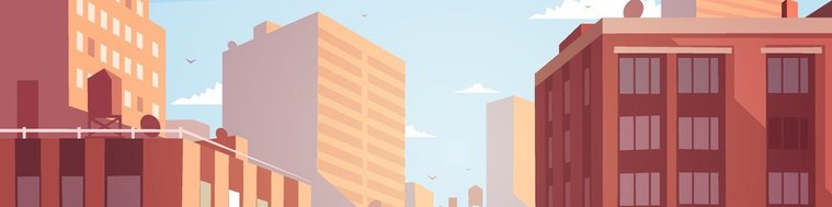 cartoon image of a city skyline with buildings and blue sky