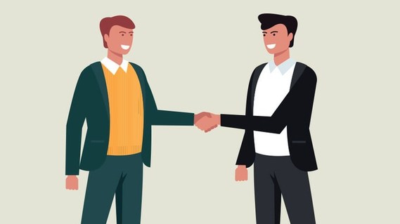 cartoon image of two guys shaking hands after making a deal