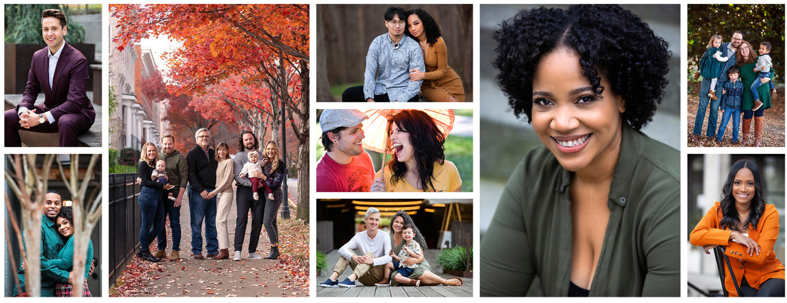 A collection of professional images from Atlanta Photographers. There are images of family portraits, headshots and Linkedin headshots.