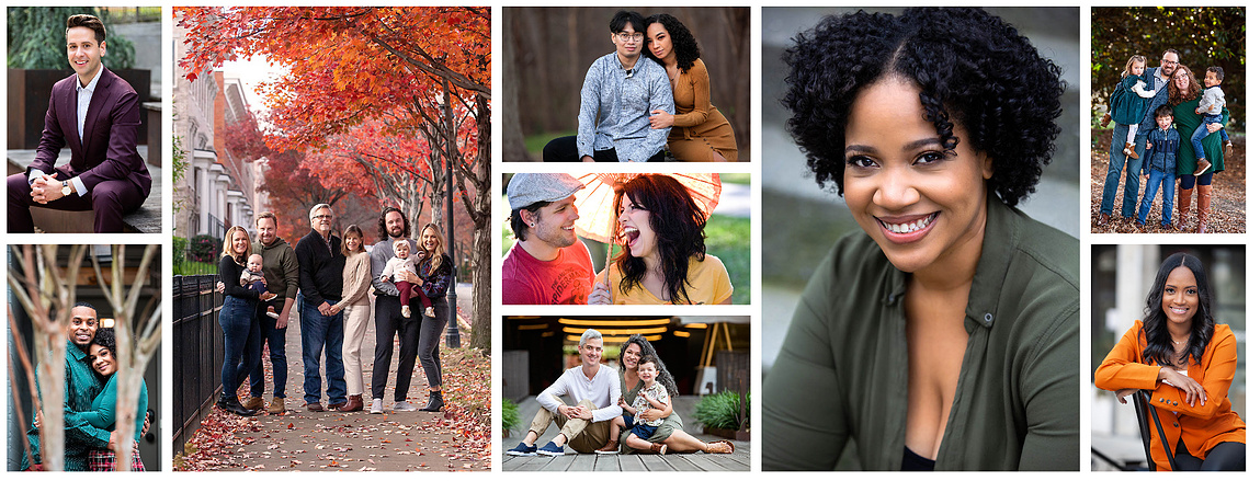 A collection of professional images from Atlanta Photographers. There are images of family portraits, headshots and Linkedin headshots.