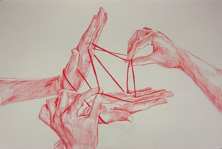 Image of drawing by Heather Kai Smith, 'Open Access: Claiming Visibility' (2019). Image of two sets of hands engaged in a game of cats cradle, drawn in red on beige paper. 