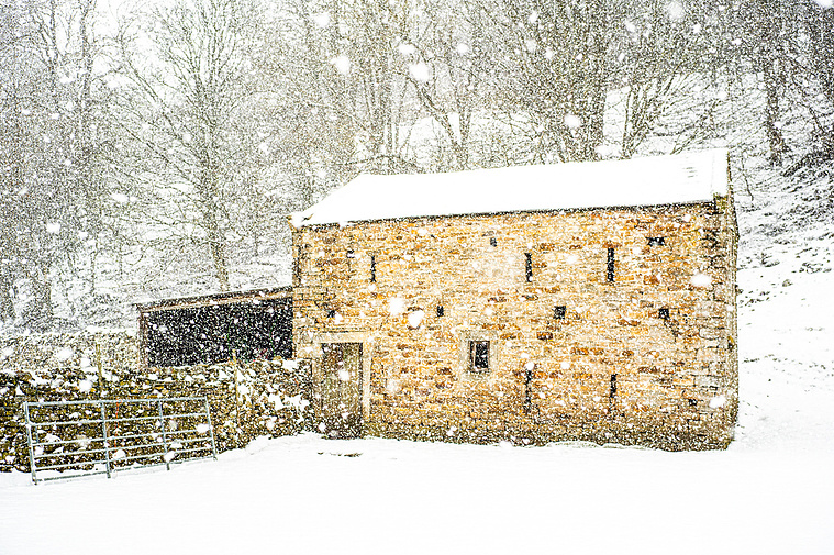 Photograph of a field barn in wintery conditions