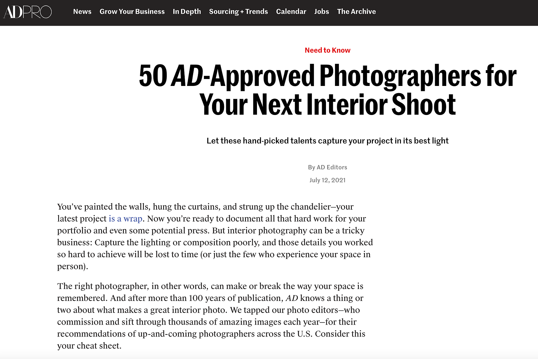 AD Pro article, "50 AD-Approved Photographers for Your Next Interior Shoot" with a recommendation for LA based photographer Petra Ford