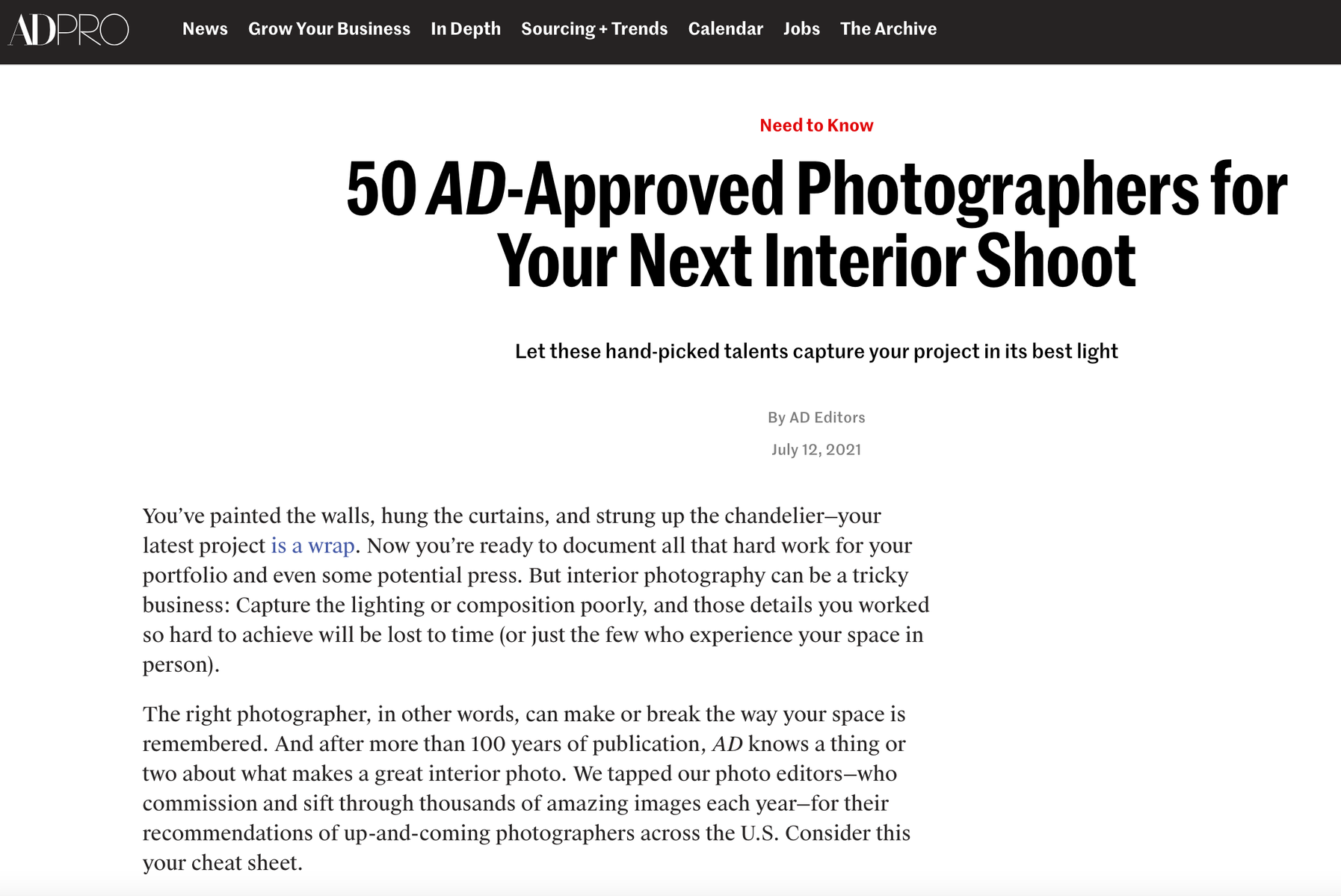 AD Pro article, "50 AD-Approved Photographers for Your Next Interior Shoot" with a recommendation for LA based photographer Petra Ford