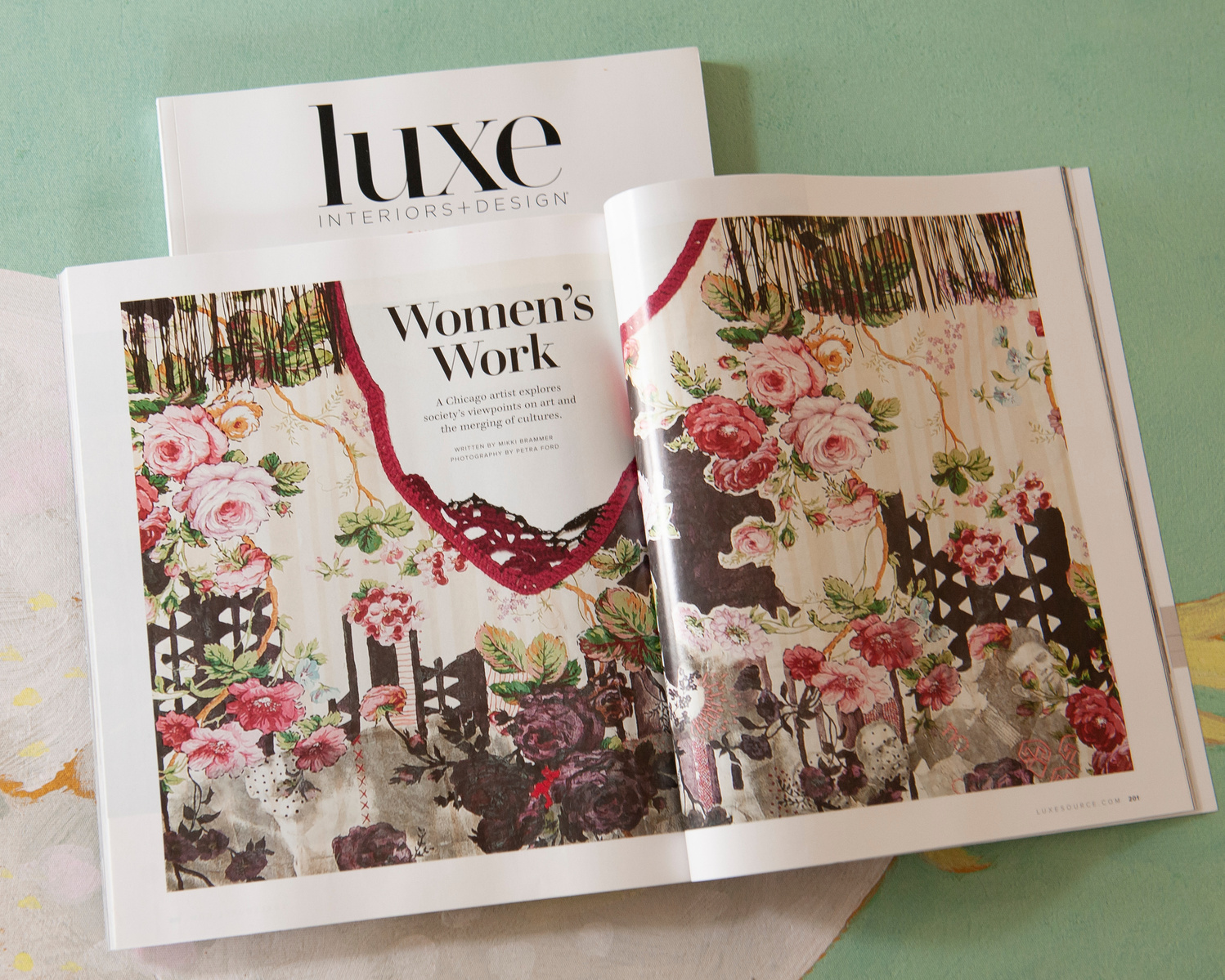 Luxe Magazine editorial spread featuring interior and portrait photography by Petra Ford. Magazine is open to editorial entitled Women's Work.