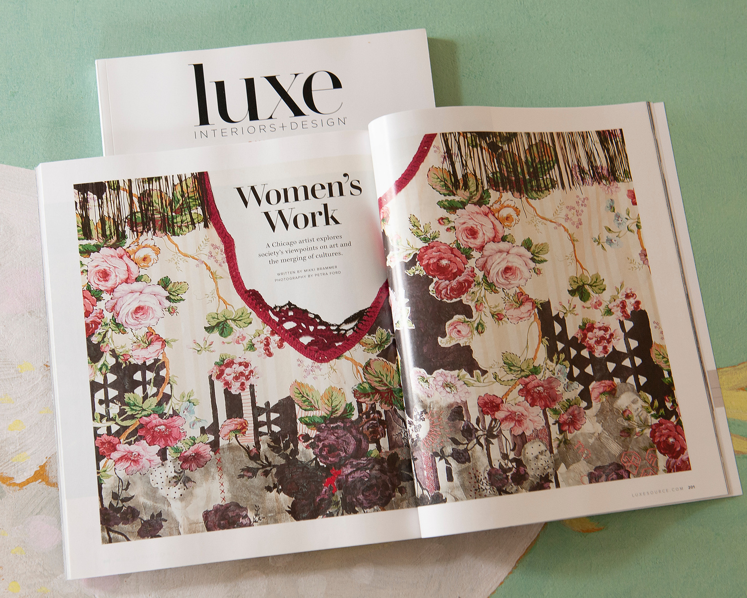 Luxe Magazine editorial spread featuring interior and portrait photography by Petra Ford. Magazine is open to editorial entitled Women's Work.