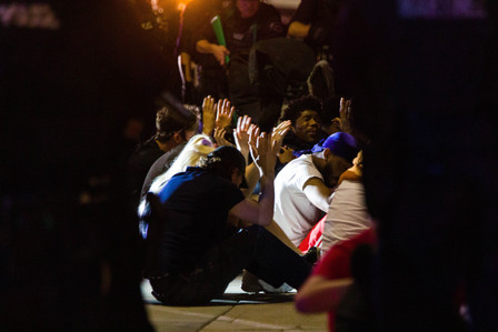 LAPD surround dozens of protesters Monday, June 1, 2020 after forcing them out of their cars and onto the nearby sidewalk on Sunset Boulevard.