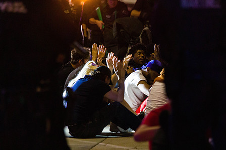 LAPD surround dozens of protesters Monday, June 1, 2020 after forcing them out of their cars and onto the nearby sidewalk on Sunset Boulevard.