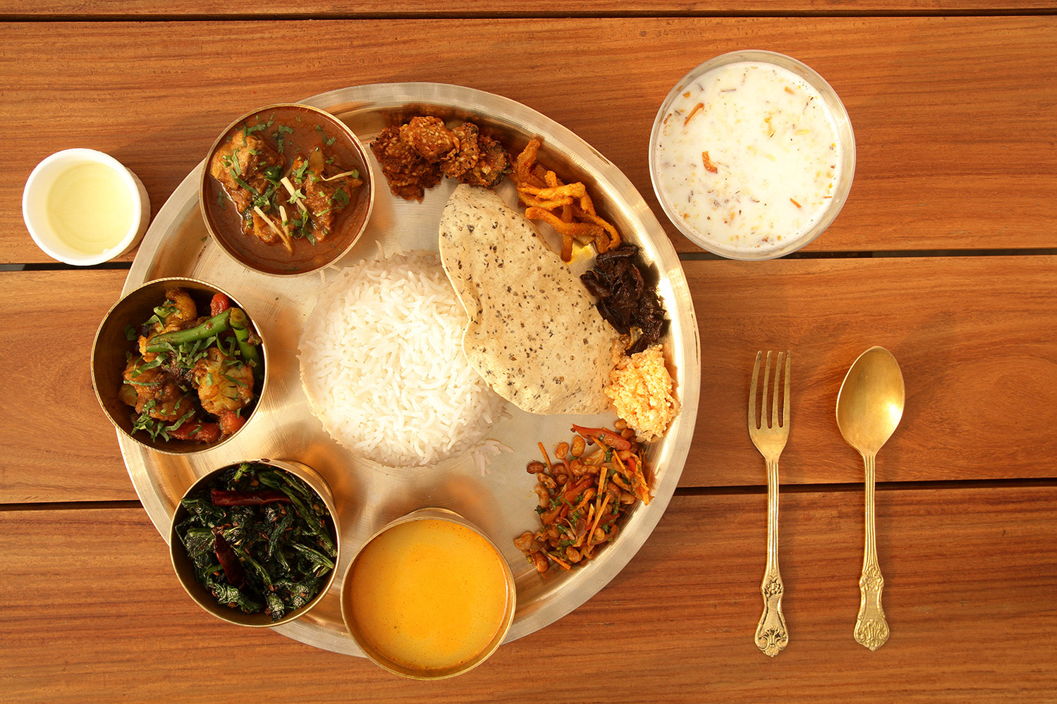 Overhead shot of authentic Nepali thali served at Nimtho, New Delhi