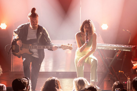 France, Sannois, 2023-11-24. Sainte Nicole performs at the EMB. The band Sainte Nicole interpret their first songs on the stage of the EMB. Photograph by Thomas AMEVET&amp;#x2F;Hans Lucas.
France, Sannois, 2023-11-24. Sainte Nicole donne un concert a l EMB. Le duo