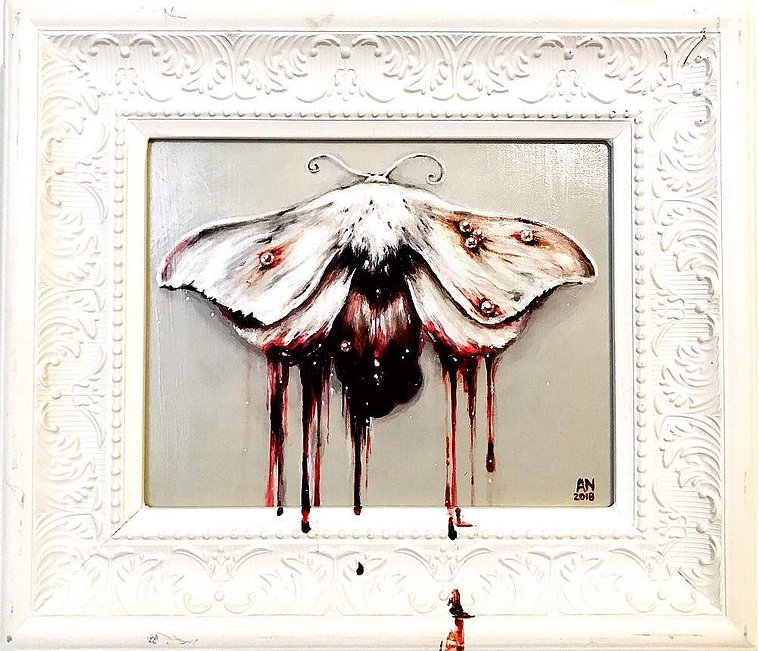 The Mermaid Blues Artist, white moth painting in white frame, dark moth art, acrylic painting of black moth, guardian angel, art, painting of  pale moth, painting of moth, white dark moth, butterfly painting, victorian, Andria Nguyen, bleeding moth, art