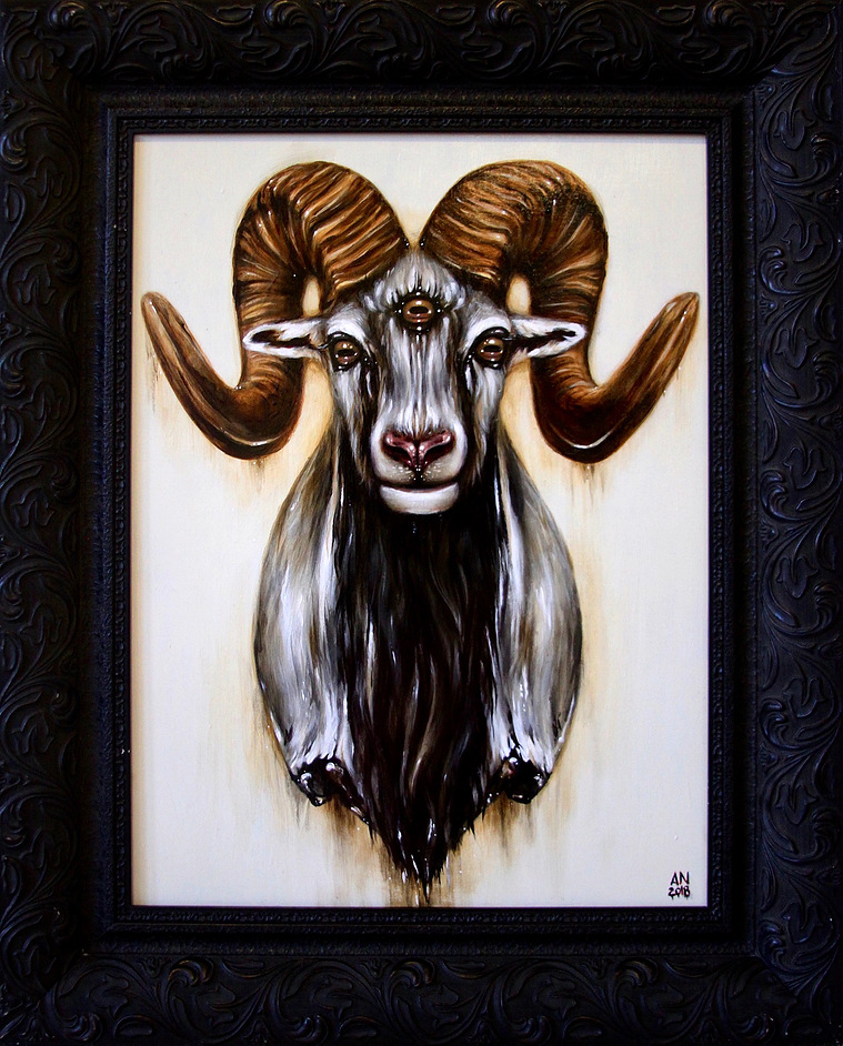 The Mermaid Blues Artist SHOP Paintings Drawings Prints, baphomet art, baphomet painting, baphomet acrylic painting in ornate frame, baphomae art, demonic art, demon art, satanic art, horned three-eyed goat painting dark taxidermy, Andria Nguyen, andria