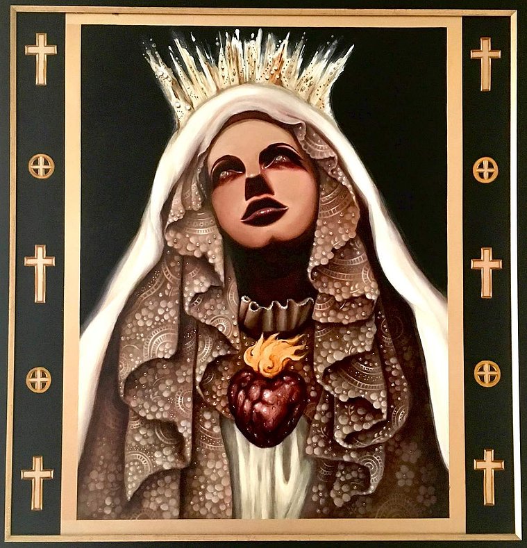 The Mermaid Blues Artist, Virgin Mary, Mary Magdalene, gothic painting of mary, sacred heart, wounded heart, crying mary painting, veil, mary with crown and veil painting, mary madalene art, themermaidblues, the mermaid blues, andria nguyen, baroque art