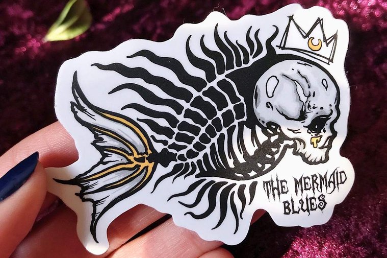 Andria Nguyen, the mermaid blues, themermaidblues, The Mermaid Blues Artist, bad fish sticker, skeleton mermaid, fish, dead fish, dark art, houston artist