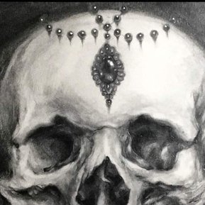 The Mermaid Blues Artist, skull drawing, gothic skull, jeweled saints, jeweled skull drawing, pencil drawing of skull, beads, shiny, victorian drawing of skull, gothic art, baroque frame, Andria Nguyen, the mermaid blues, themermaidblues, art, oil painter