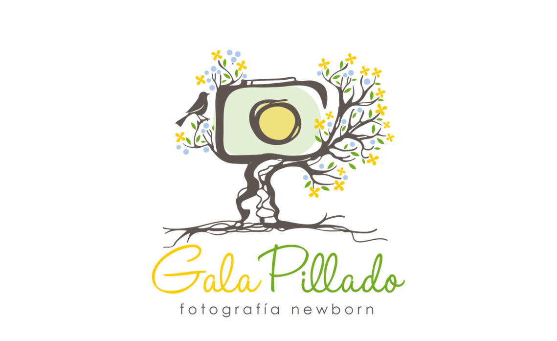 dibujo de camara de fotos con raices,hojas y ramas. Logo Gala Pillado Fotografa 