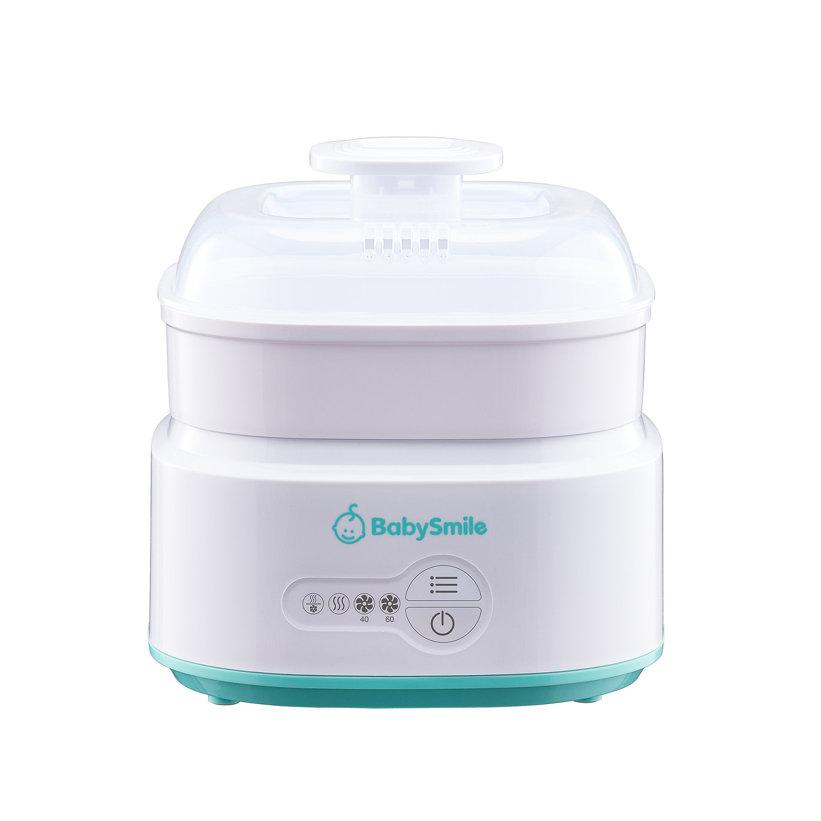 BabySmile 嬰兒奶瓶消毒器商品攝影,採用白色純淨背景,突顯產品外型與細節,適合品牌官網與電商平台使用,拍攝於台北專業攝影棚。