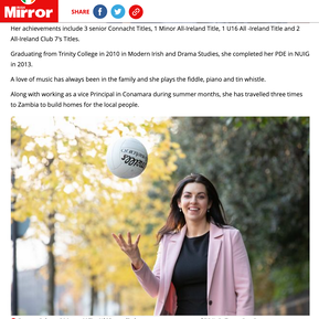 Media coverage of Maire Ni Bhraonáin, announcing her new role as presenter of TG4’s ‘Peil na mBan Beo’ tossing Gaelic GAA ball PR Photocall photographer Dublin images for syndication to national press and social media use