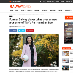 Media coverage of Maire Ni Bhraonáin, announcing her new role as presenter of TG4’s ‘Peil na mBan Beo’ tossing Gaelic GAA ball PR Photocall photographer Dublin images for syndication to national press and social media use