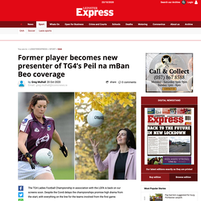 Media coverage of Maire Ni Bhraonáin, announcing her new role as presenter of TG4’s ‘Peil na mBan Beo’ tossing Gaelic GAA ball PR Photocall photographer Dublin images for syndication to national press and social media use 